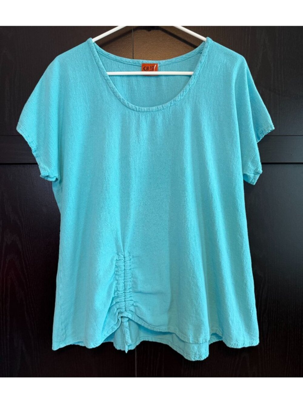 Oh My Gauze Short Sleeve Cinch Hem Short Sleeve Blue Blouse Size 2 Lagenlook